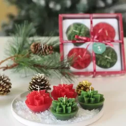 Hot Green & Red Poinsettia Candles, Set of 4 Christmas Decorations