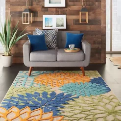 Kirklands Home Outdoor Rugs|Green and Blue Floral Burst Outdoor Area Rug, 6x9