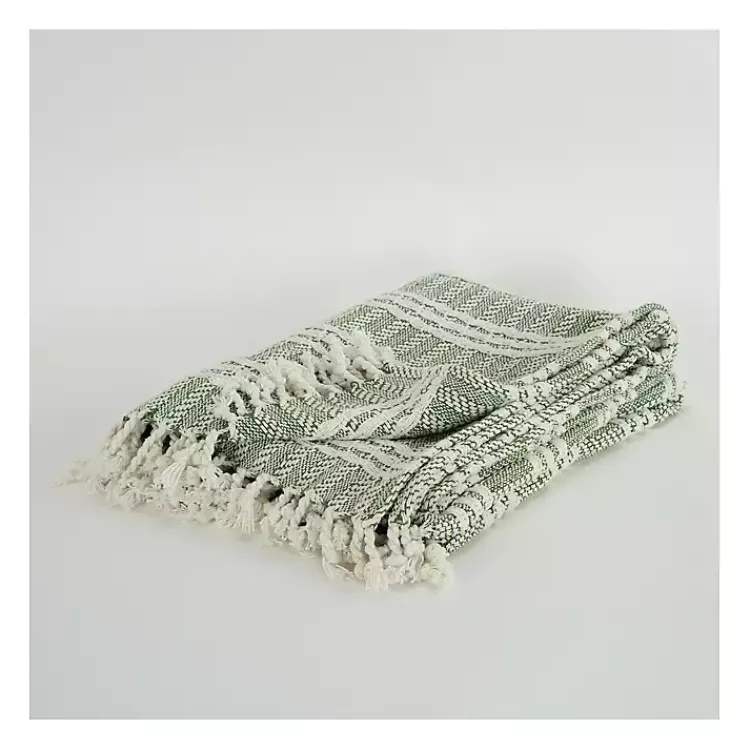 Sale Green and Ivory Striped Cotton Throw Blankets & Throws