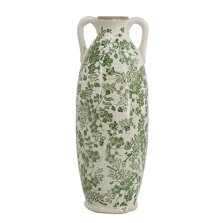 New Green and White Floral Ceramic Vase, 15.6 in. Vases