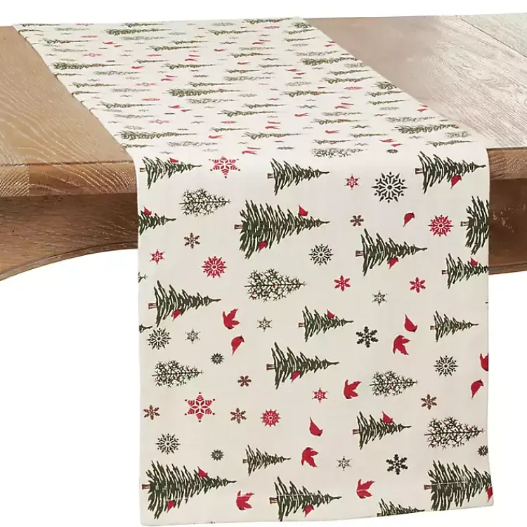 Kirklands Home Table Linens|Green Christmas Trees and Snowflakes Table Runner