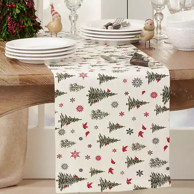 Kirklands Home Table Linens|Green Christmas Trees and Snowflakes Table Runner