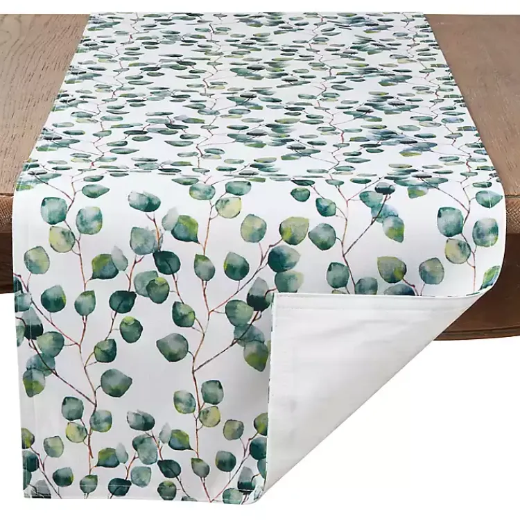 Kirklands Home Table Linens|Eucalyptus Leaf Long Polyester Runner Green