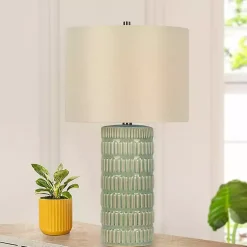 Kirklands Home Table Lamps|Green Textured Column Table Lamps, Set of 2 Tan