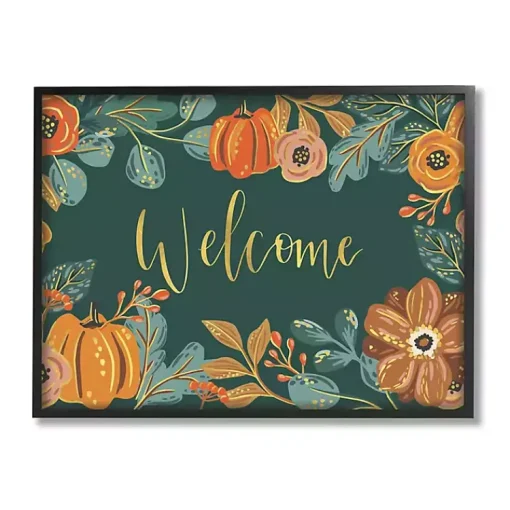 Hot Green Welcome Pumpkin Floral Framed Wall Art Fall