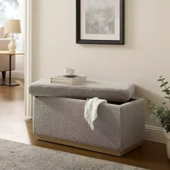 Kirklands Home Benches & Ottomans|Greige Sherpa & Pine Rectangle Storage Ottoman