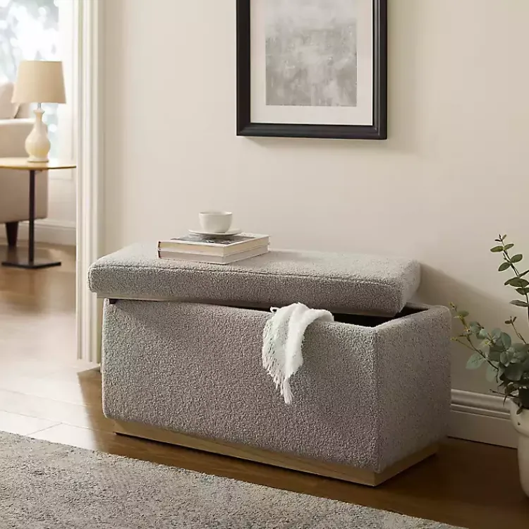 Kirklands Home Benches & Ottomans|Greige Sherpa & Pine Rectangle Storage Ottoman