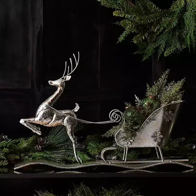 Sale Hammered Metal Reindeer with Sleigh Decoration Christmas Decorations