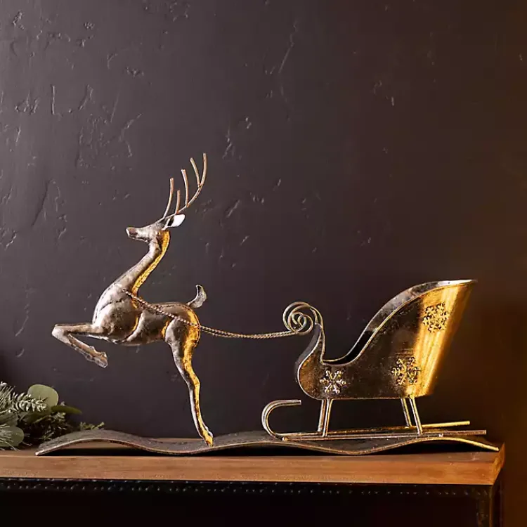 Sale Hammered Metal Reindeer with Sleigh Decoration Christmas Decorations