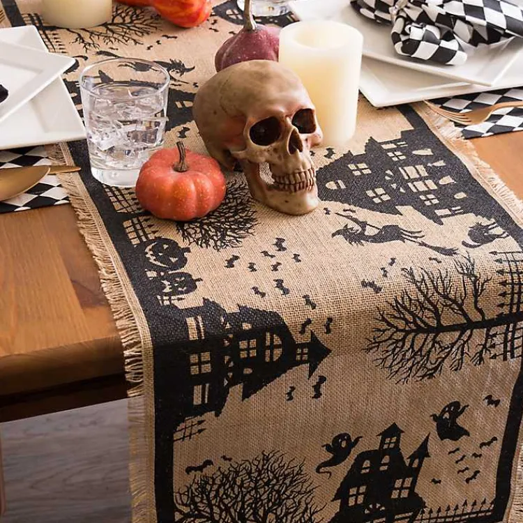 New Haunted House Burlap Table Runner Halloween