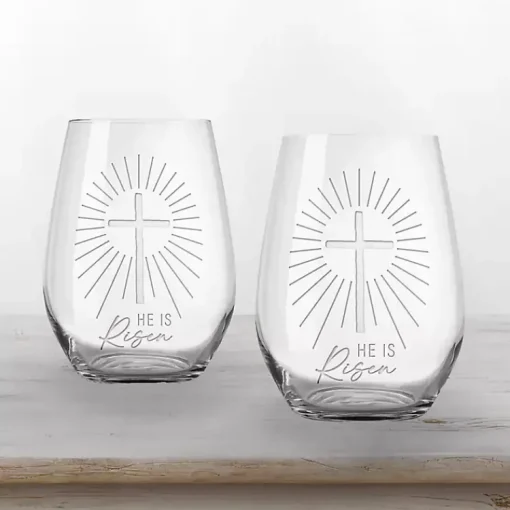 Hot He is Risen Engraved 2-pc. Stemless Wine Glass Set Easter Decorations