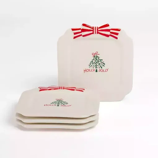 Kirklands Home Dinnerware|Holly Jolly Bow Appetizer Plates, Set of 4 Multi