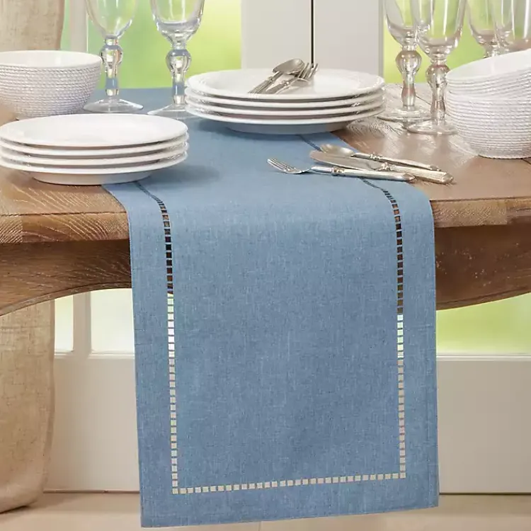 Kirklands Home Table Linens|Indigo Hemstitch Border Table Runner Blue