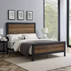 Kirklands Home Beds & Headboards|Industrial Rustic Oak Queen Bed with Metal Frame Brown