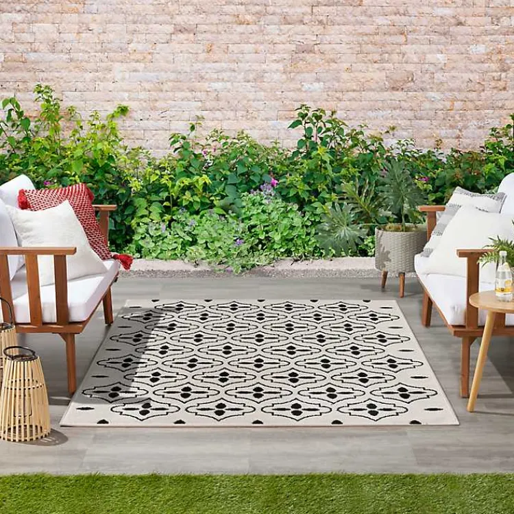 Kirklands Home Area Rugs|Ivory & Black Quatrefoil Indoor/Outdoor Rug, 4x6