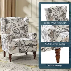 Kirklands Home Accent Chairs|Ivory Floral Brocade Wingback Ella Armchair