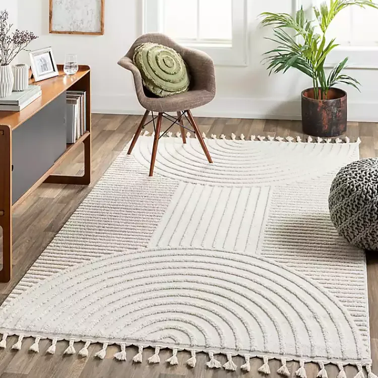Kirklands Home Area Rugs|Geometric Lines Tassel Area Rug, 6x9 Ivory