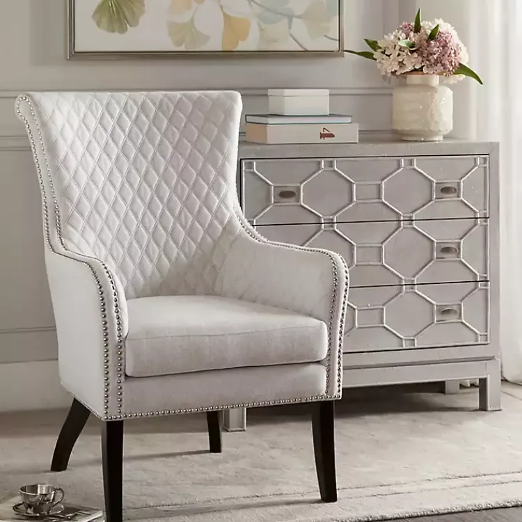 Kirklands Home Accent Chairs|Ivory Lanea Quilted Accent Chair with Silver Studs White