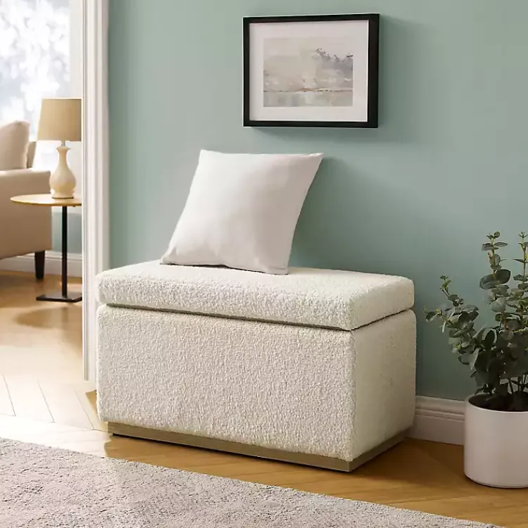 Kirklands Home Benches & Ottomans|Ivory Sherpa & Pine Rectangle Storage Ottoman