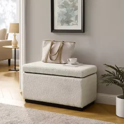 Kirklands Home Benches & Ottomans|Ivory Sherpa & Walnut Rectangle Storage Ottoman