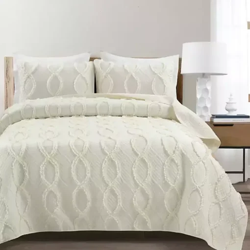 Kirklands Home Quilts|Ivory Trellis Ruffles 3-pc. King Quilt Set White