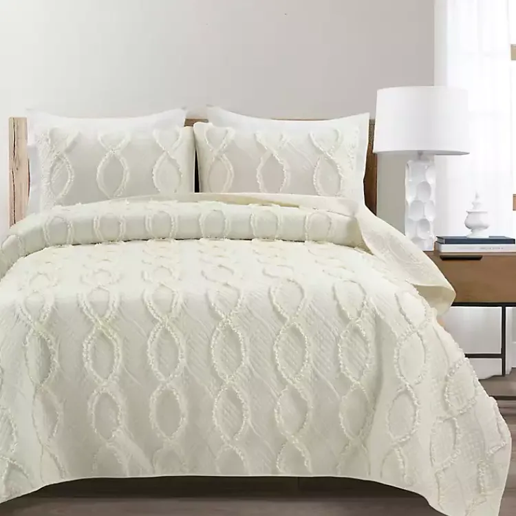 Kirklands Home Quilts|Ivory Trellis Ruffles 3-pc. King Quilt Set White