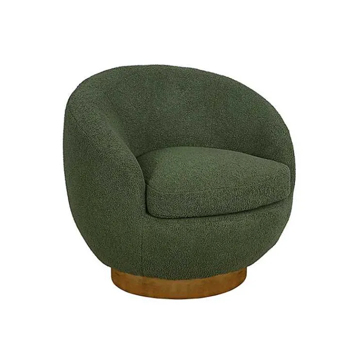 Kirklands Home Accent Chairs|Jessel Sherpa Swivel Chair with Wood Base Green