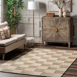 Kirklands Home Area Rugs|Jute Tan Checkered Area Rug, 5x8