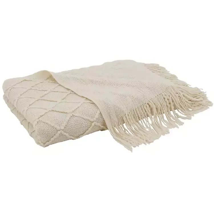 New Knitted Beige with Fringe Throw Blanket Blankets & Throws