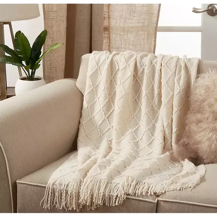 New Knitted Beige with Fringe Throw Blanket Blankets & Throws