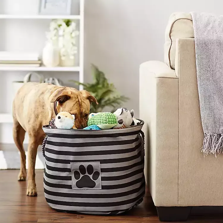 Clearance Large Black Paw Patch Stripe Round Pet Basket Baskets & Boxes