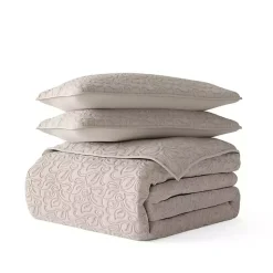Kirklands Home Quilts|Latte Floral Stitch 3-pc. Queen Quilt Set Tan