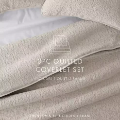 Kirklands Home Quilts|Latte Floral Stitch 3-pc. Queen Quilt Set Tan