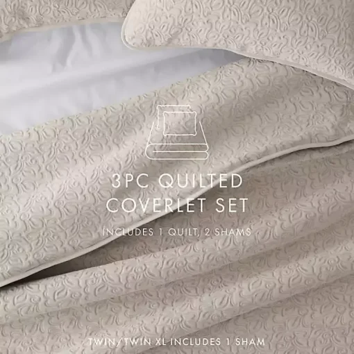 Kirklands Home Quilts|Latte Floral Stitch 3-pc. Queen Quilt Set Tan