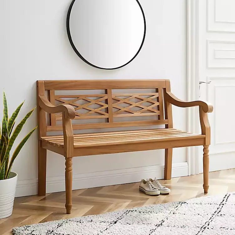Kirklands Home Outdoor Seating|Lattice Teakwood Slatted Outdoor Bench Tan