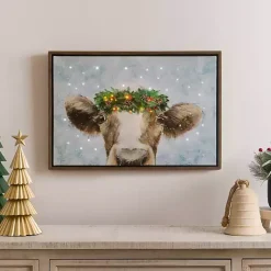 LED Cow with Christmas Greenery Canvas Art Print Christmas Art & Wall Decor