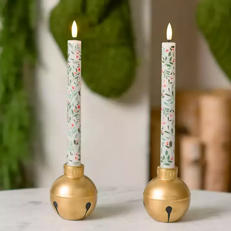 New LED Holly Taper Candles, Set of 2 Flameless Candles
