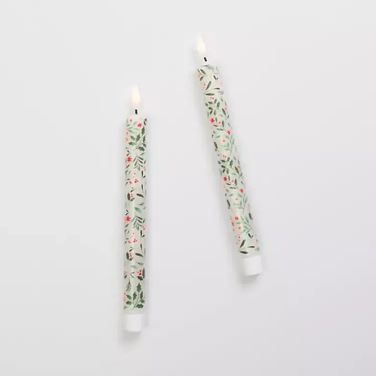 New LED Holly Taper Candles, Set of 2 Flameless Candles