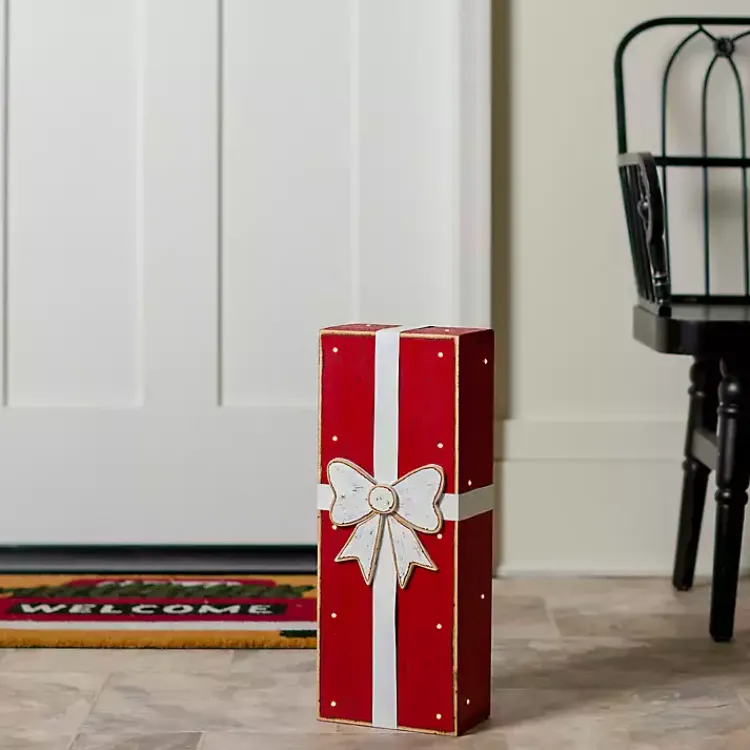 Discount LED Red Christmas Present Wooden Statue, 18 in. Outdoor Christmas Decorations