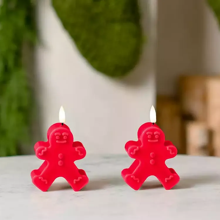 LED Gingerbread Man Pillar Candles, Set of 2 Flameless Candles