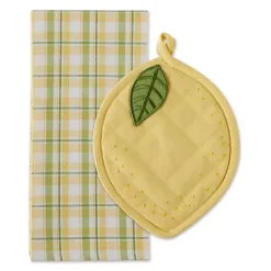 Kirklands Home Kitchen Accessories|Lemon Plaid 2-pc. Potholder and Kitchen Towel Set