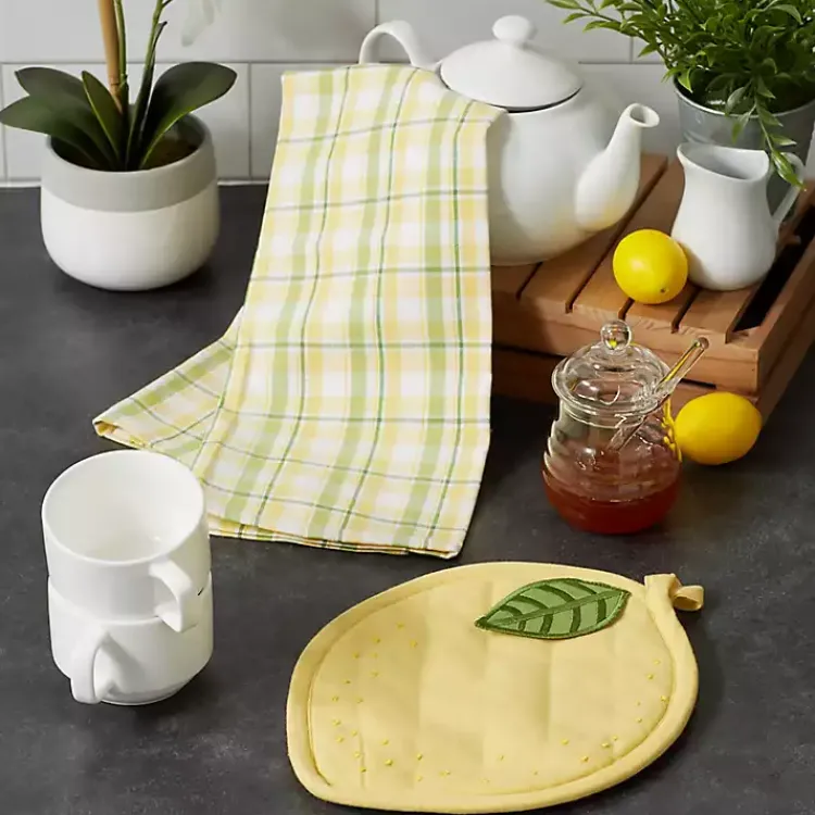 Kirklands Home Kitchen Accessories|Lemon Plaid 2-pc. Potholder and Kitchen Towel Set