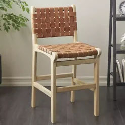 Kirklands Home Bar Stools & Counter Height Stools|Light Brown Woven Leather Wooden Counter Stool Tan