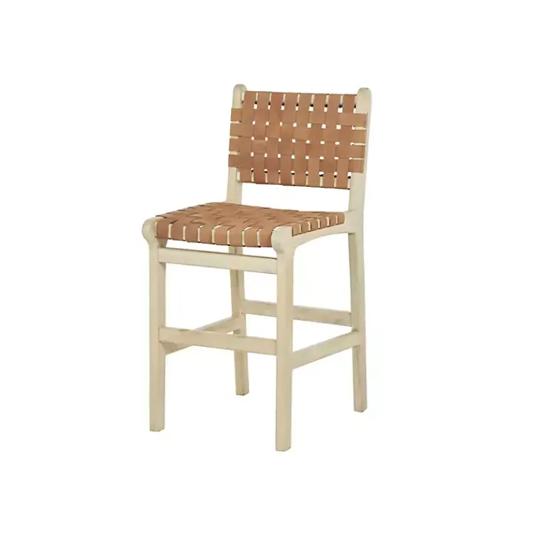 Kirklands Home Bar Stools & Counter Height Stools|Light Brown Woven Leather Wooden Counter Stool Tan