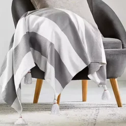 Sale Light Gray Cabana Stripe Tassel Throw Blankets & Throws