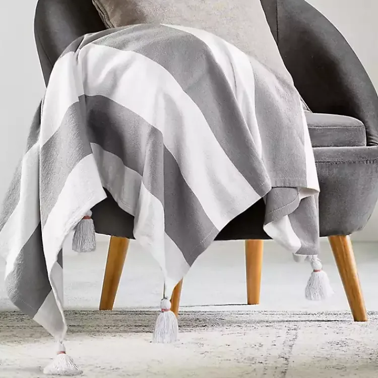 Sale Light Gray Cabana Stripe Tassel Throw Blankets & Throws