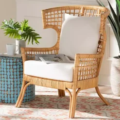 Kirklands Home Accent Chairs|Light Honey Rattan Curved Accent Chair Ivory