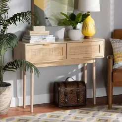 Kirklands Home Console Tables|Light Oak Rat and Wood Console Table Tan