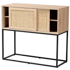 Kirklands Home Cabinets & Sideboards|Light Wood and Rat Sliding Door Cabinet Tan