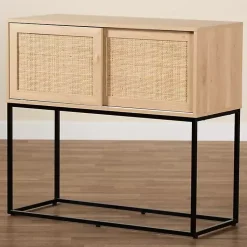 Kirklands Home Cabinets & Sideboards|Light Wood and Rat Sliding Door Cabinet Tan